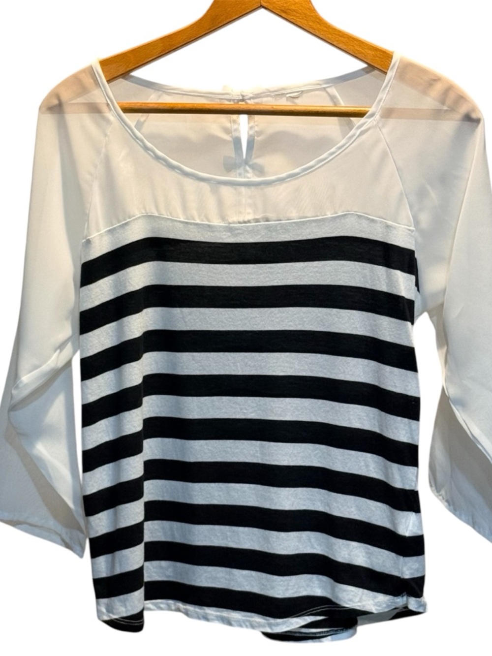 LC Lauren Conrad Women’s Black & White Striped Sheer Yoke Blouse